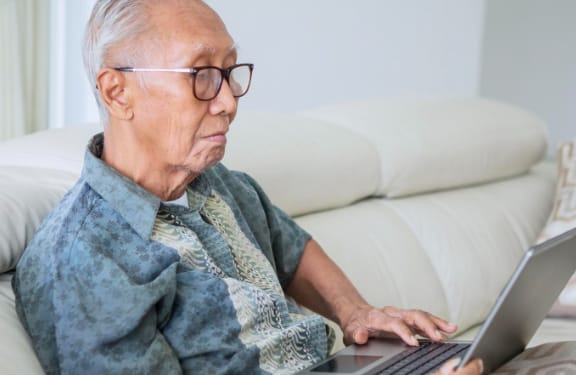 Gray haired man sitting on the couch looking at his laptop